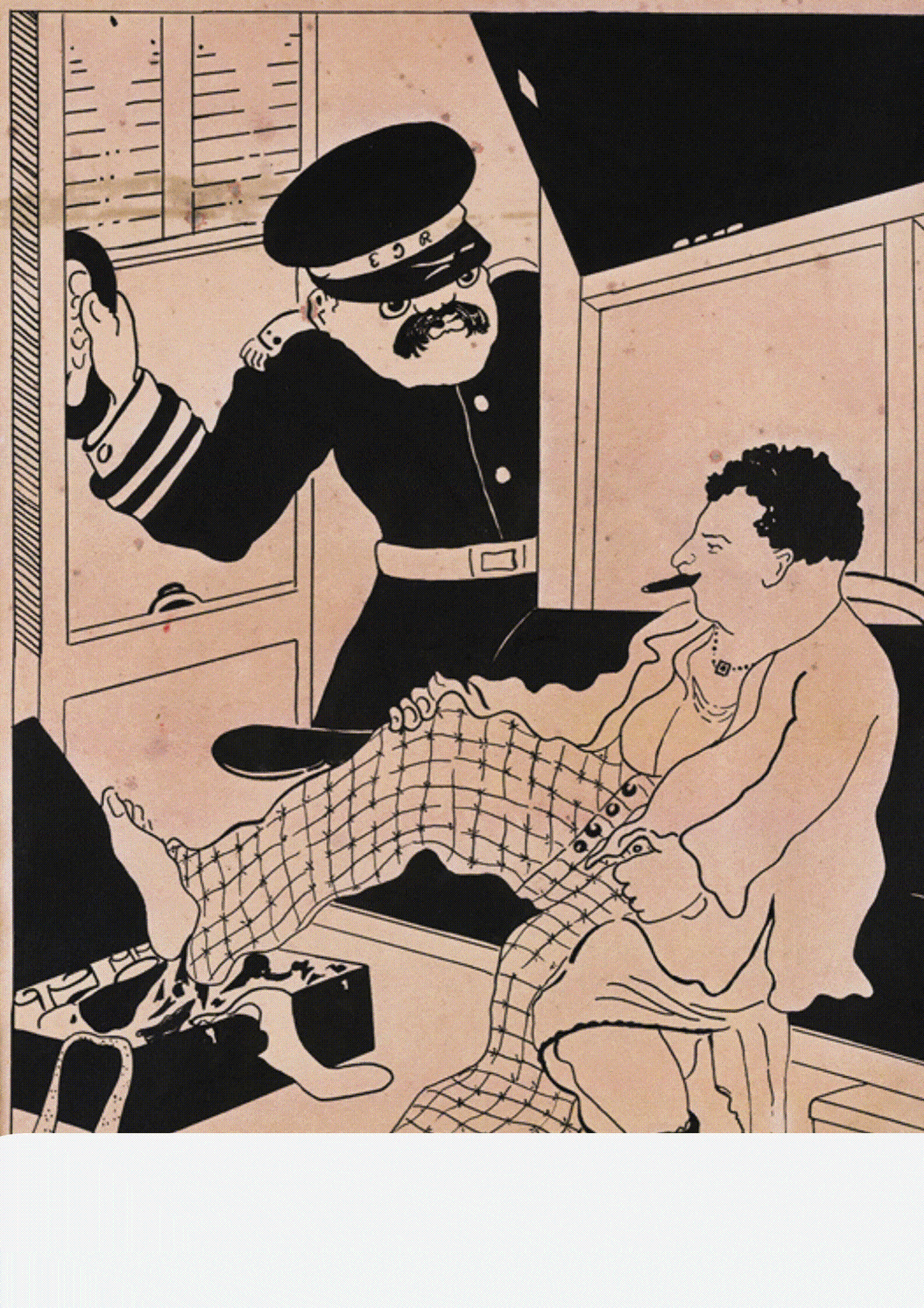 An animation of Gaganendranath Tagore’s artwork “Metamorphosis”. A seated man with a cigarette in his mouth, attempts to don pants over his dhoti (a traditional male Indian garment). A policeman peers in from a doorway in the corner behind and demands, “What on earth are you doing!” To which the man responds, “Don’t disturb me, I’m about to become a saab”. Text appears at the bottom reading “Some are born in the right body, some have to fight for it.” 