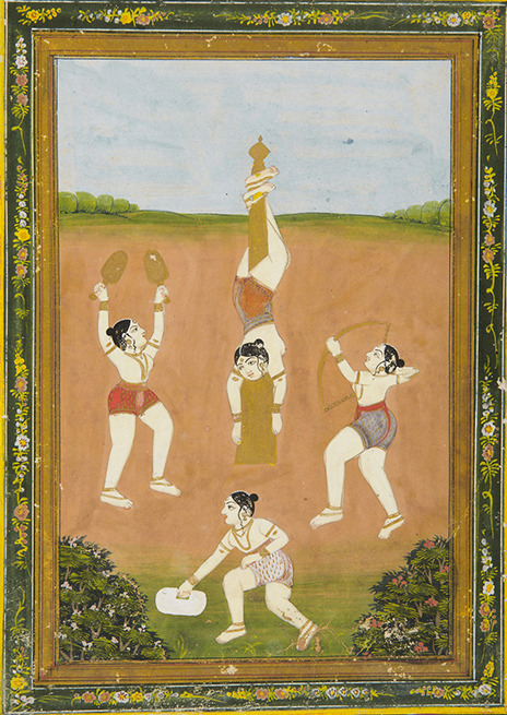 Four women are engaged in physical activities. They’re dressed alike in a slightly longer version of the langot (a form of traditional Indian cloth underwear worn by men or boys), like contemporary shorts. At the centre, one grasps a pole upside down. To her right, one points a bow and arrow upwards. To the left and bottom, two others are engaged in lifting weights.