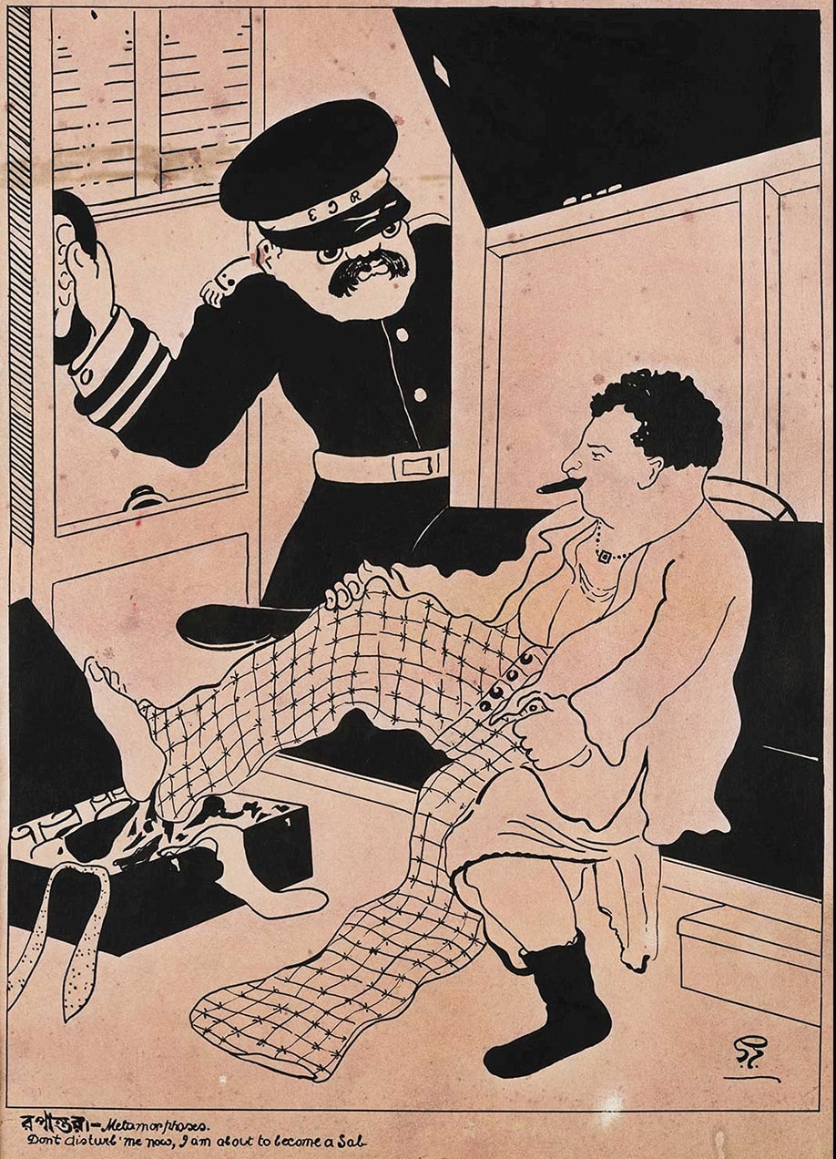 A seated man, with a cigarette in his mouth, attempts to don pants over his dhoti (a traditional male Indian garment). To his side is an open suitcase. A policeman peers in from a doorway in the corner behind. On the bottom is text in Bengali which reads “Rupantar” and English reading “Metamorphosis. The line below reads ”Don’t disturb me now, I am about to become a Sab.” 