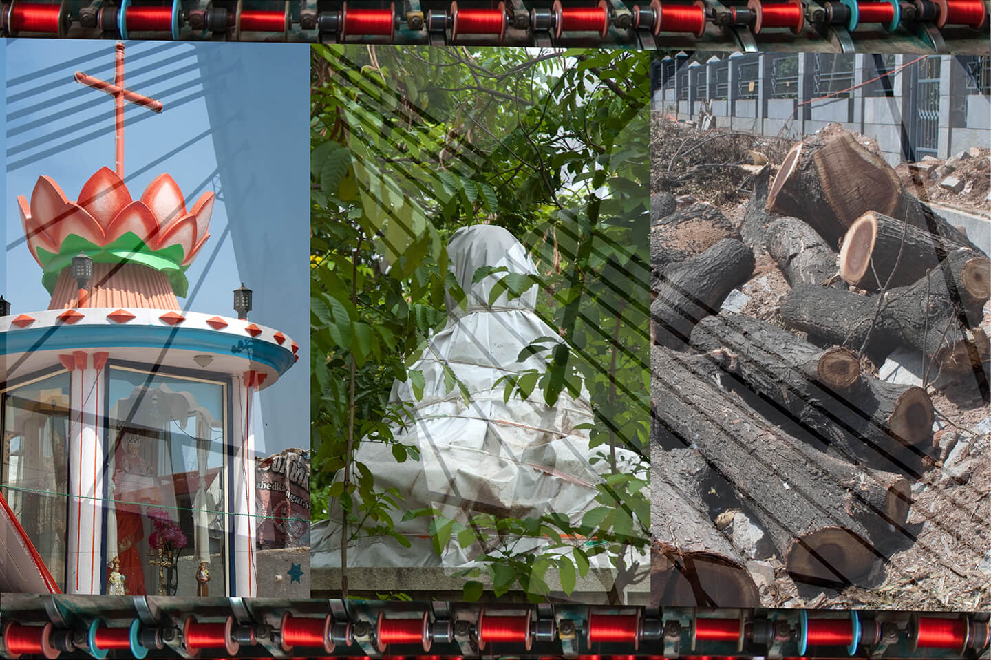 A bridge in the foreground through which a shrine with a pink lotus and a cross, a pitch white sculpture of a man surrounded by green leaves and logs of wood beside a footpath can be seen. Spools of red shiny yarn repeat at the top and bottom.