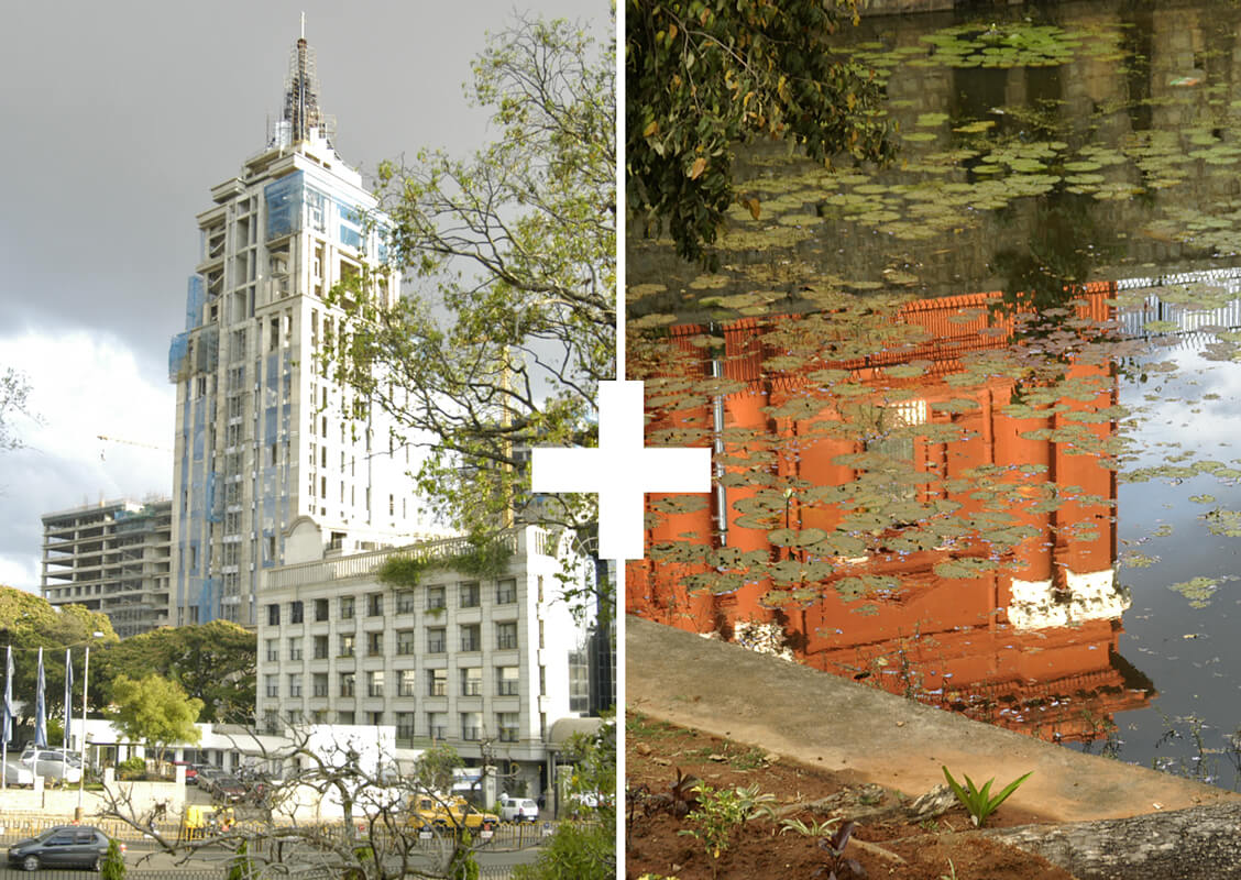 A tall tower next to a reflection of a red building in a water body separated by a big white plus symbol.