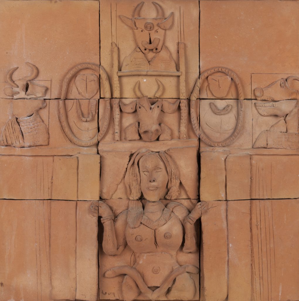 Woman with Cows by K. G. Subramanyan, c. 1970, Terracotta, H. 52 cm x W. 50 cm, MAC.01146