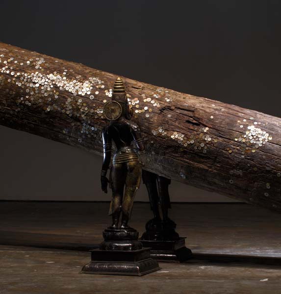 Chromatophobia, 2010, Wood, two bronze sculpture, nailed coins. Courtesy the Artis