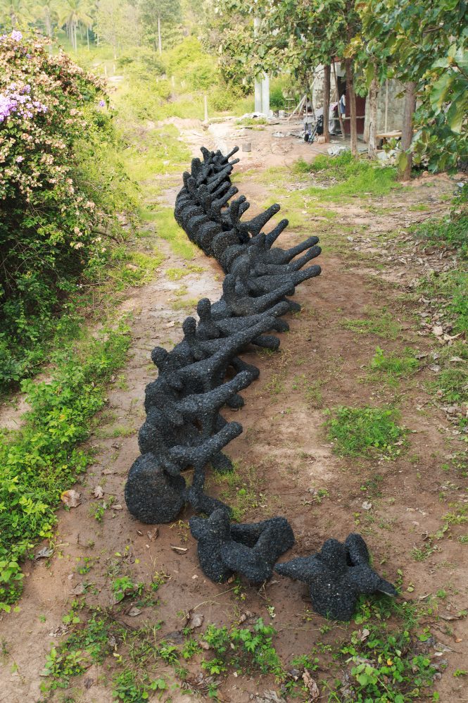 Backbone by Shanthamani M., 2014, Cement, Steel mesh and Cinder, 6 x 72 x 5 feet, Kochi Muziris Biennale, Photo Credit: Mallikarjun Katakol