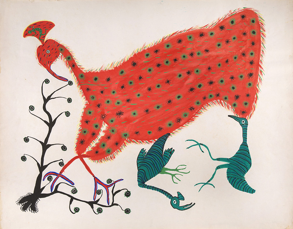 Fiery red/orange bird against a white background angled downwards eating a black coloured tree without foliage there are two smaller blue birds on the right bottom.